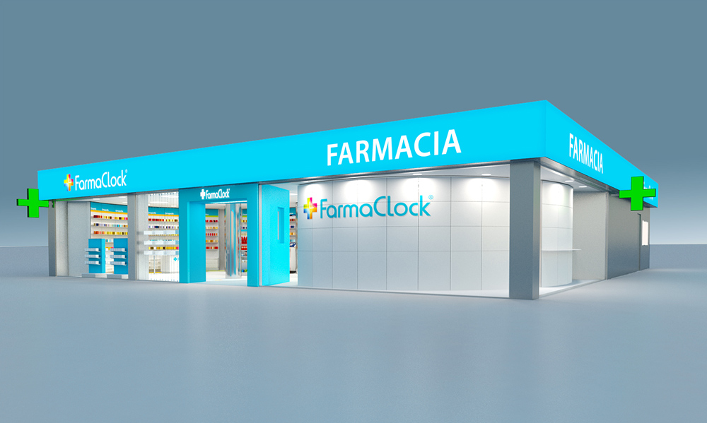 Infografía 3D, arquitectura corporativa cadena de farmacias, fachada exterior, abierta. Infografía 3D, arquitectura corporativa cadena de farmacias, fachada exterior, abierta.