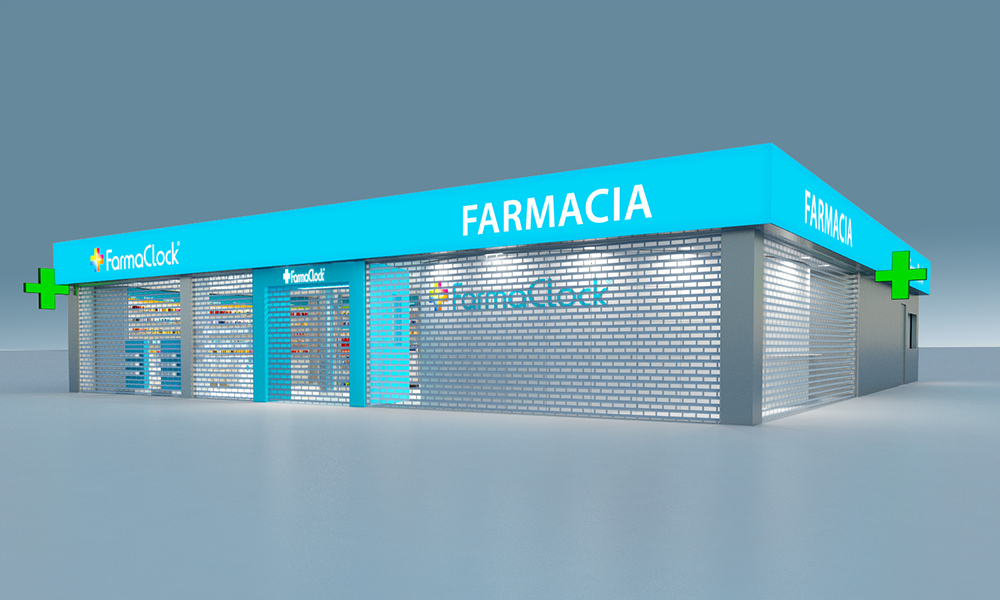 Infografía 3D, arquitectura corporativa cadena de farmacias, fachada exterior, cerrada. Infografía 3D, arquitectura corporativa cadena de farmacias, fachada exterior, cerrada.