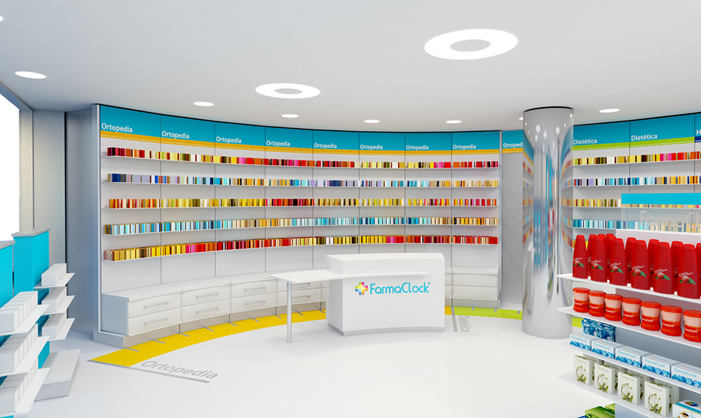 infografía 3D proyecto de branding tiendas cadena de farmacias FarmaClock, 3. infografía 3D proyecto de branding tiendas cadena de farmacias FarmaClock, 3.