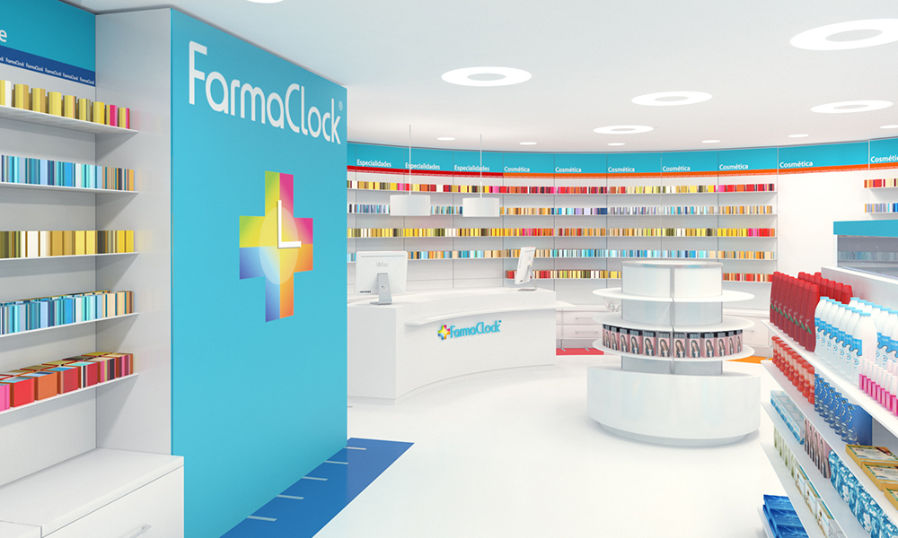 Branding tiendas cadena de farmacias FarmaClock. Branding tiendas cadena de farmacias FarmaClock.