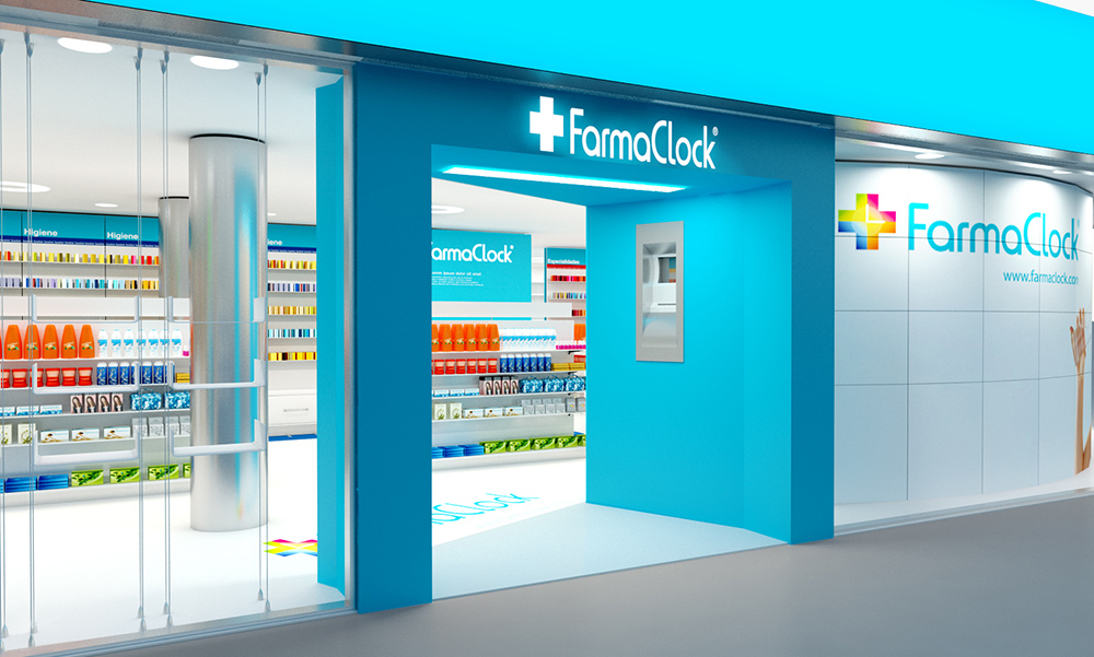 infografía 3D proyecto de branding tiendas cadena de farmacias FarmaClock, 4. infografía 3D proyecto de branding tiendas cadena de farmacias FarmaClock, 4.