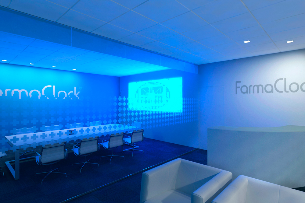 branding FarmaClock, infografía 3D sala de reuniones, luz oscura. branding FarmaClock, infografía 3D sala de reuniones, luz oscura.