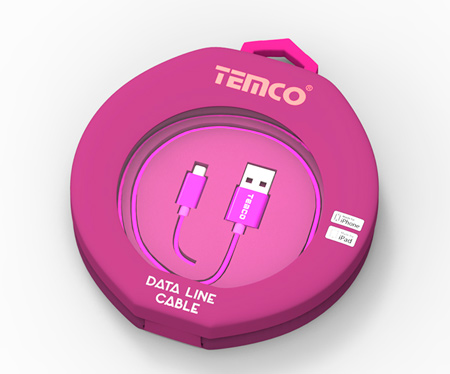 Diseño de packaging marca Temco, accesorios para móviles e informática, data line cable pack morado circular, vista exterior