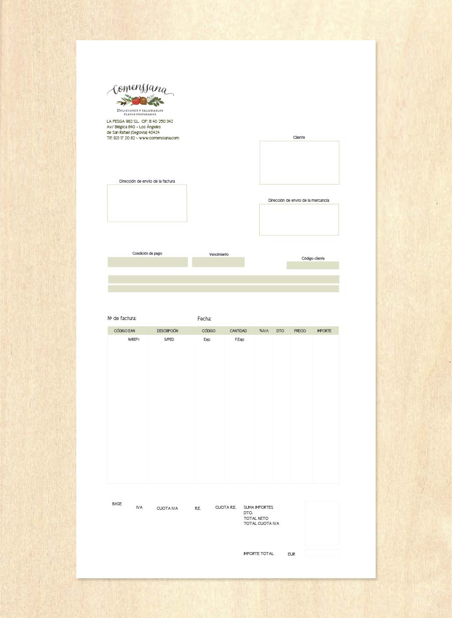 Branding Comenssana, papelería corporativa, hoja factura Branding Comenssana, papelería corporativa, hoja factura