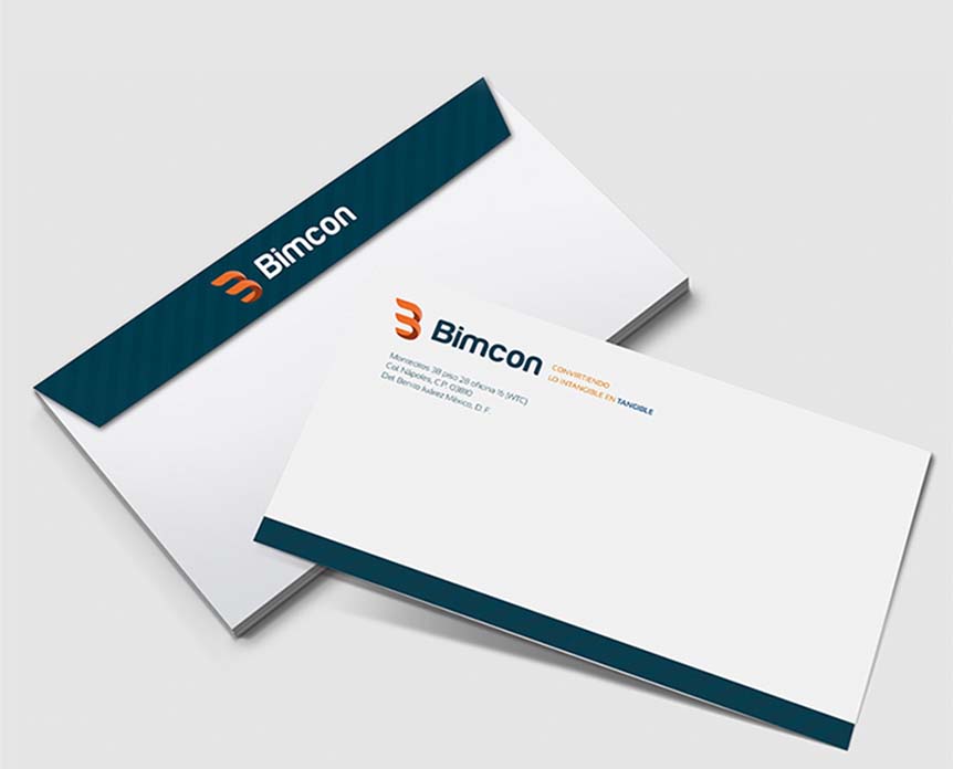 Imagen corporativa Bimcon, diseño de papelería, sobres. Imagen corporativa Bimcon, diseño de papelería, sobres.