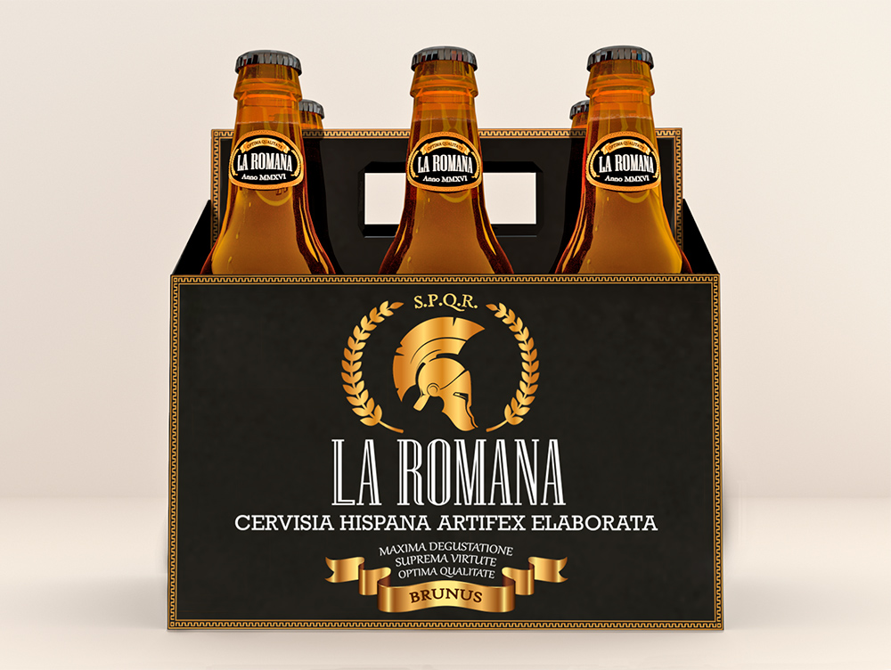 Diseño de packaging marca cerveza La Romana caja perspectiva frontal Diseño de packaging marca cerveza La Romana caja perspectiva frontal
