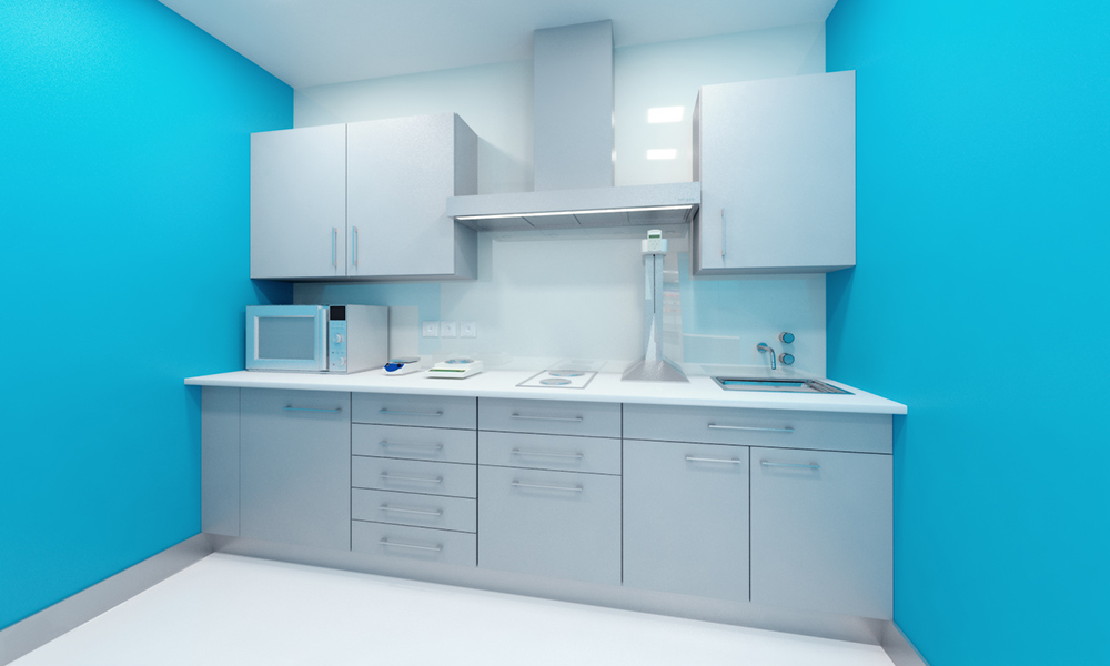 Infografía 3D, arquitectura corporativa diseño de tienda de farmacia, laboratorio.