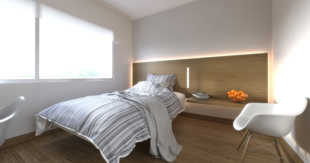 Infografía diseño interior habitación centro de mayores, 1.